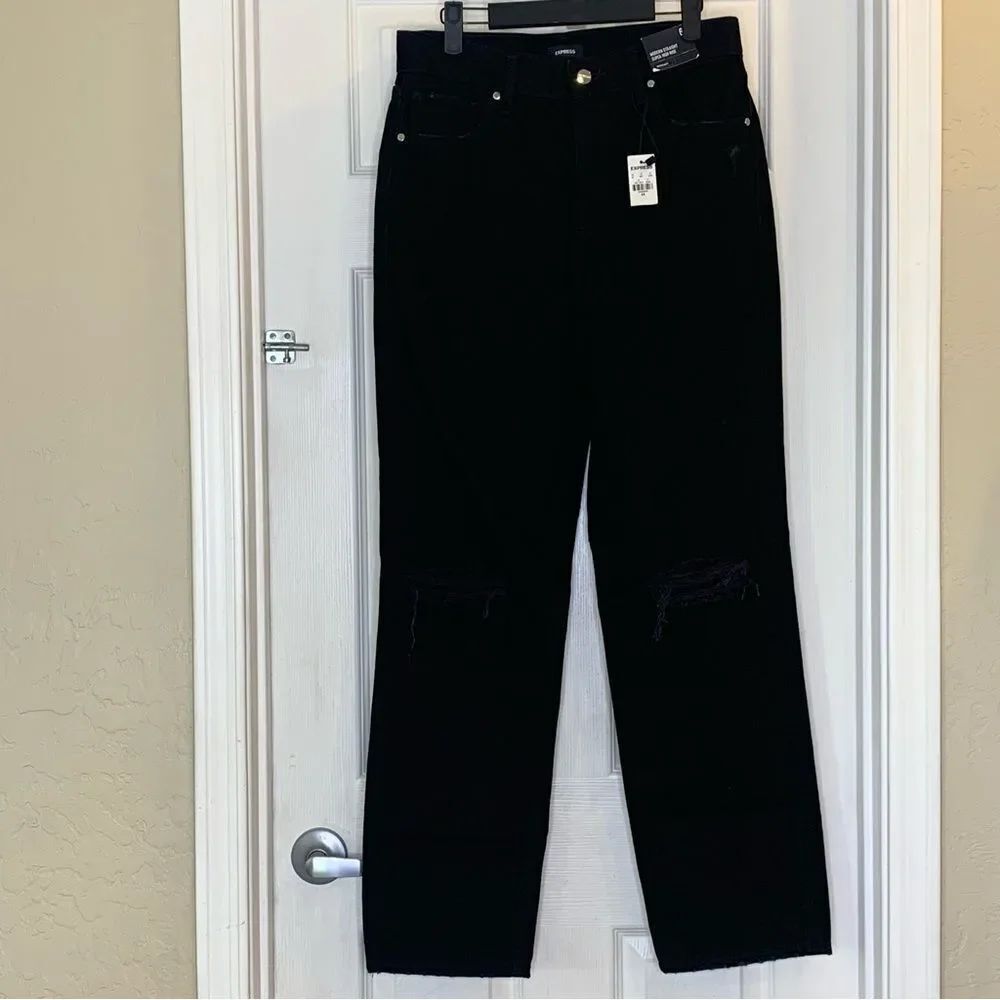 Express Modern Straight Super High Rise Jeans Black Busted Knees Size 6
